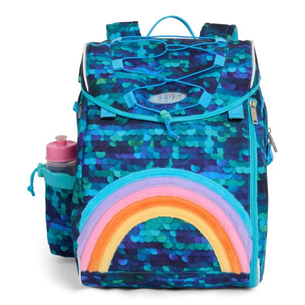 skoletaske med havfruemønster og regnbue